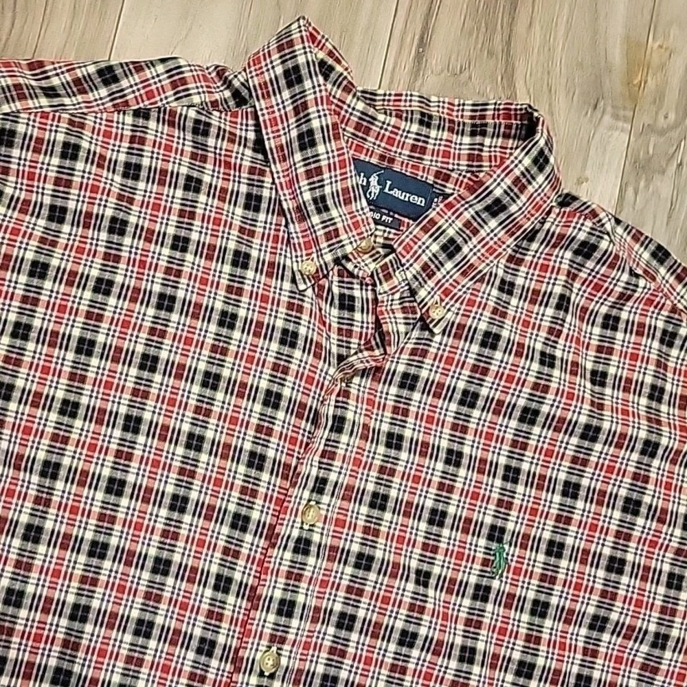 Ralph Lauren Polo Shirt Mens XXL Red Blue Plaid Botton Down Long Sleeve Vintage